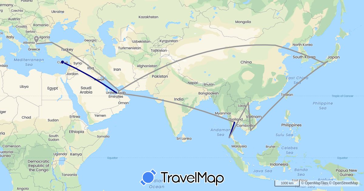 TravelMap itinerary: driving, plane in United Arab Emirates, China, Cyprus, Greece, Japan, South Korea, Thailand, Turkey, Taiwan, Vietnam (Asia, Europe)